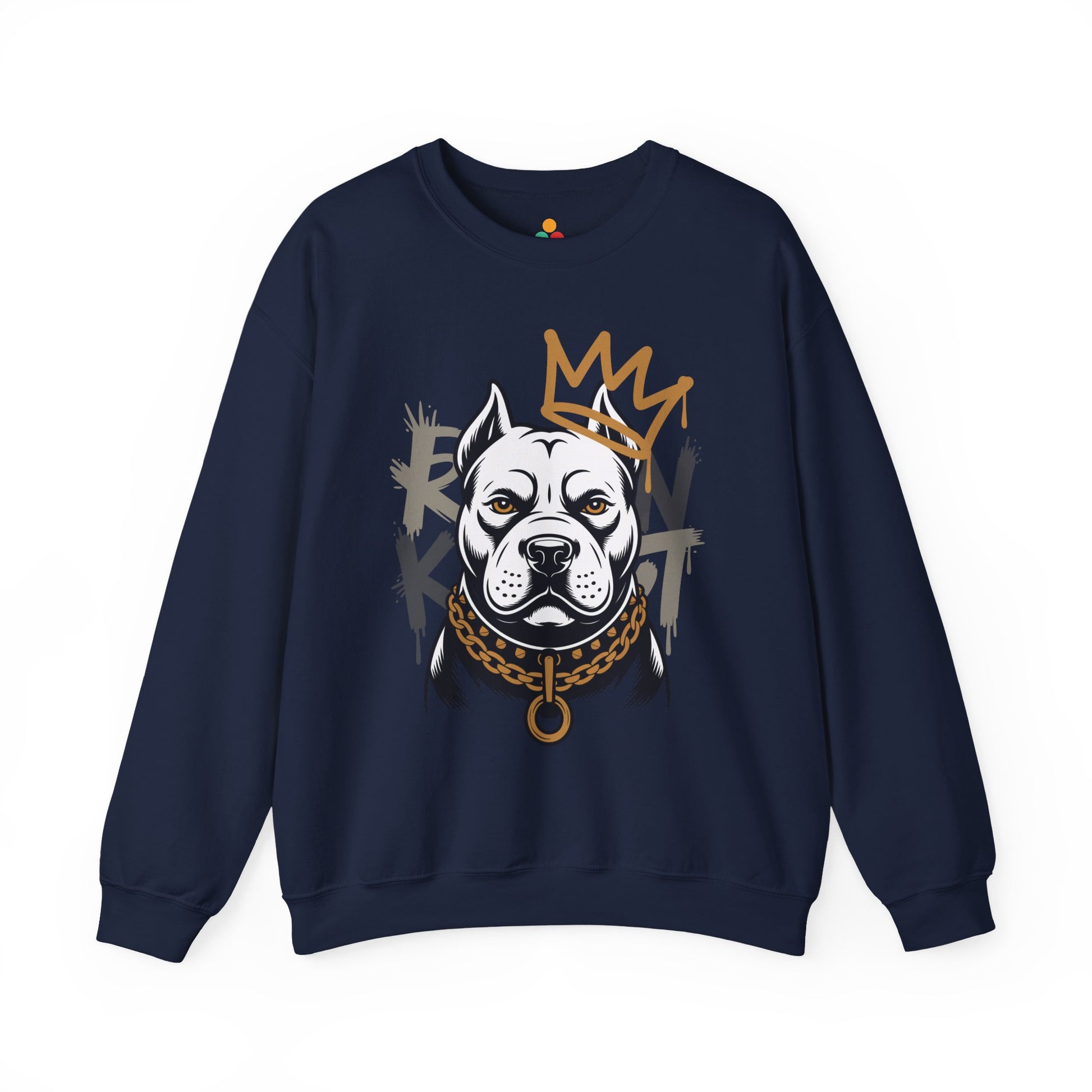 TEEZOCA royal pitbull sweatshirt with crowned dog streetwear illustration Navy blue sweatshirt with a graphic of a dog wearing a crown and chain on a white background