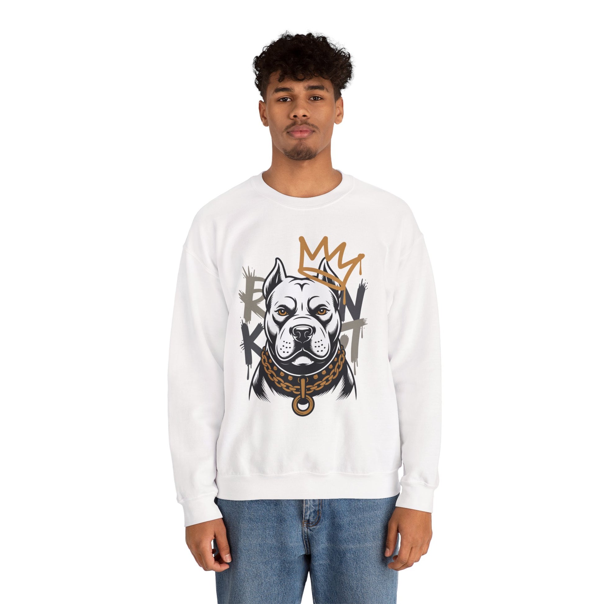TEEZOCA royal pitbull sweatshirt with crowned dog streetwear illustration Person wearing a white sweatshirt with a graphic design of a dog and crown on a white background