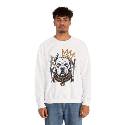 TEEZOCA royal pitbull sweatshirt with crowned dog streetwear illustration Person wearing a white sweatshirt with a graphic design of a dog and crown on a white background