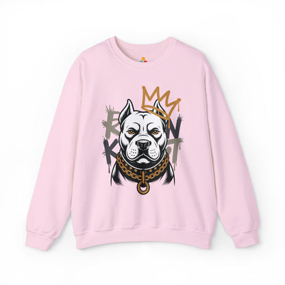 TEEZOCA royal pitbull sweatshirt with crowned dog streetwear illustration Pink sweatshirt with a dog graphic and crown design on a white background