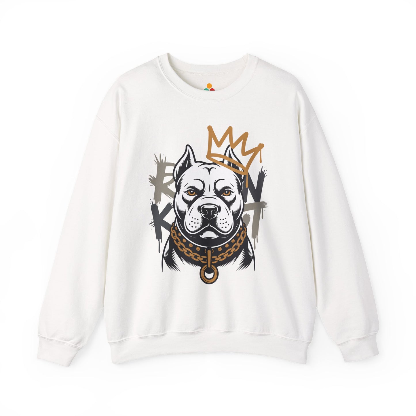 TEEZOCA royal pitbull sweatshirt with crowned dog streetwear illustration White sweatshirt with a graphic of a dog wearing a crown and chain on a white background