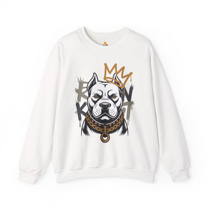 TEEZOCA royal pitbull sweatshirt with crowned dog streetwear illustration White sweatshirt with a graphic of a dog wearing a crown and chain on a white background