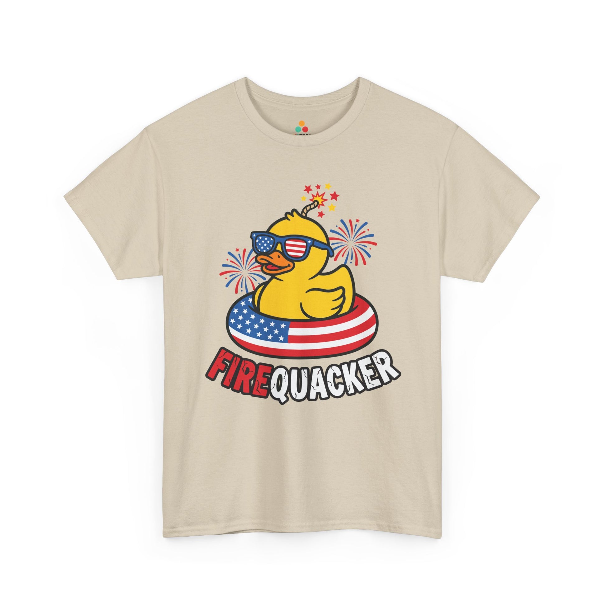 TEEZOCA rubber duck shirt T-shirt with fireworks, red white blue pool float, and playful Firequacker pun lettering.
