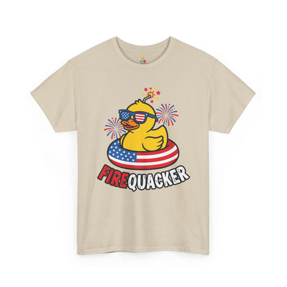 TEEZOCA rubber duck shirt T-shirt with fireworks, red white blue pool float, and playful Firequacker pun lettering.
