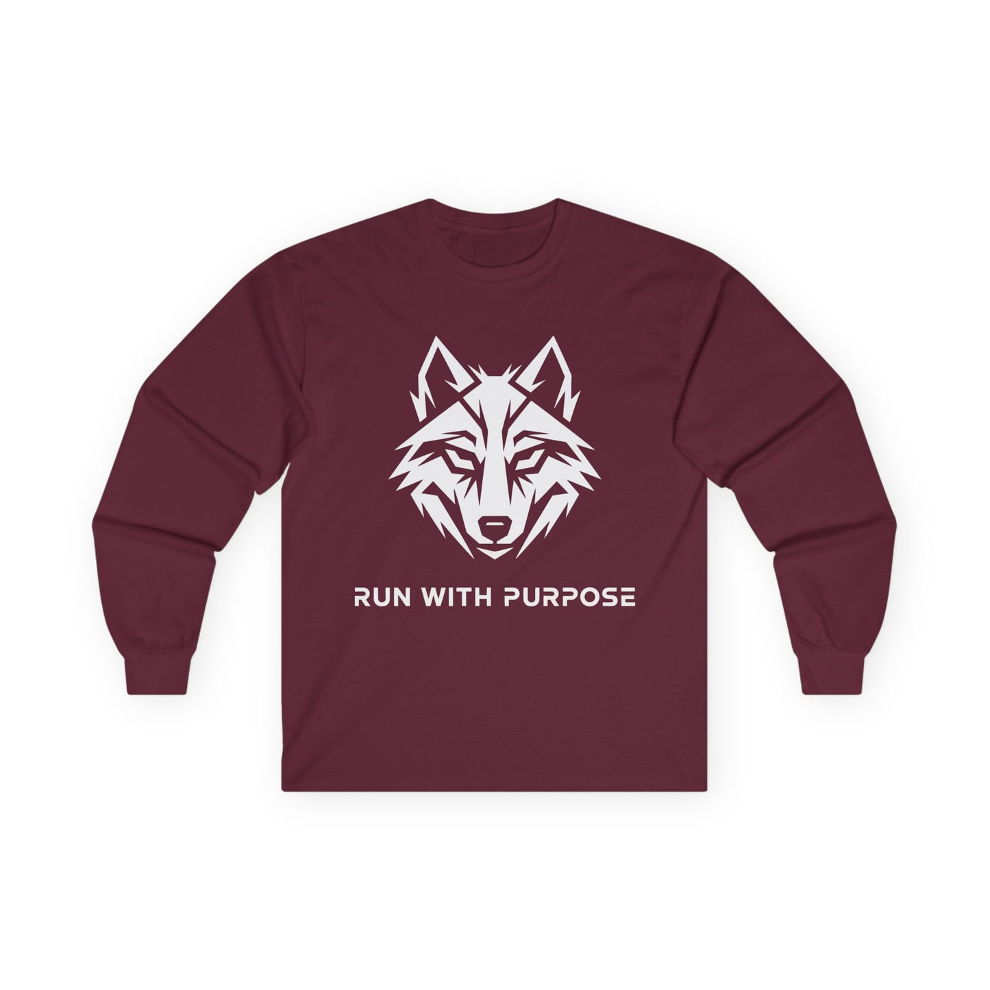 TEEZOCA run with purpose mindset wolf streetwear long-sleeve Maroon long-sleeve shirt with wolf graphic and 'Run with Purpose' text on a white background