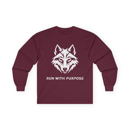 TEEZOCA run with purpose mindset wolf streetwear long-sleeve Maroon long-sleeve shirt with wolf graphic and 'Run with Purpose' text on a white background