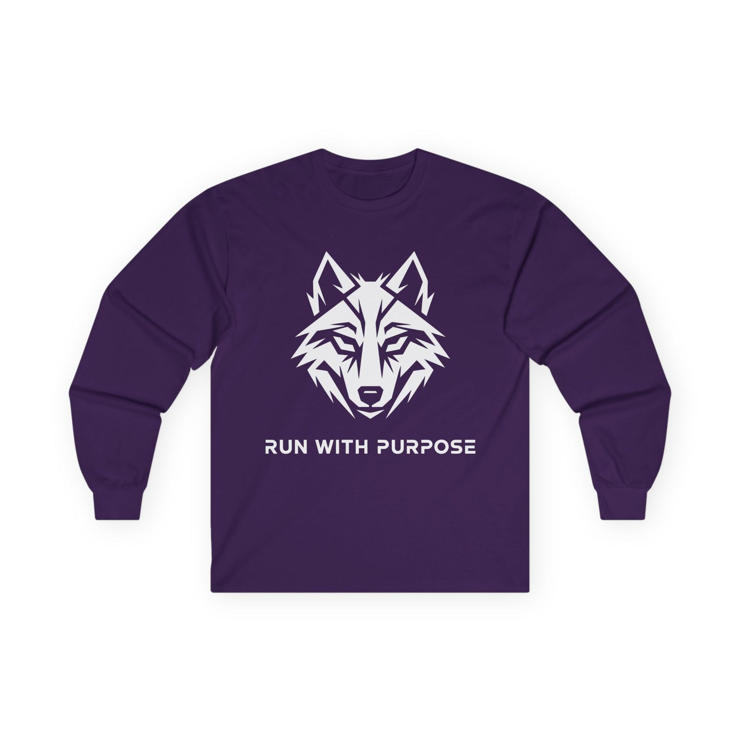 TEEZOCA run with purpose mindset wolf streetwear long-sleeve Purple long-sleeve shirt with a wolf graphic and 'Run with Purpose' text on a white background