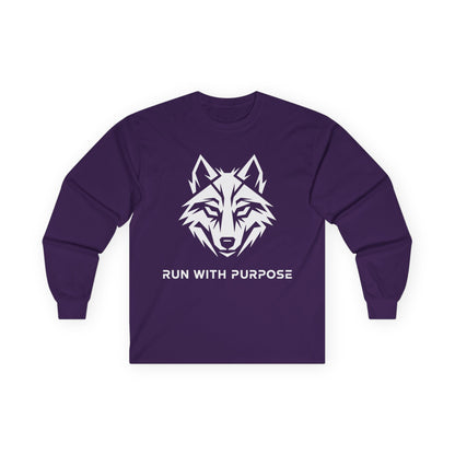 TEEZOCA run with purpose mindset wolf streetwear long-sleeve Purple long-sleeve shirt with a wolf graphic and 'Run with Purpose' text on a white background
