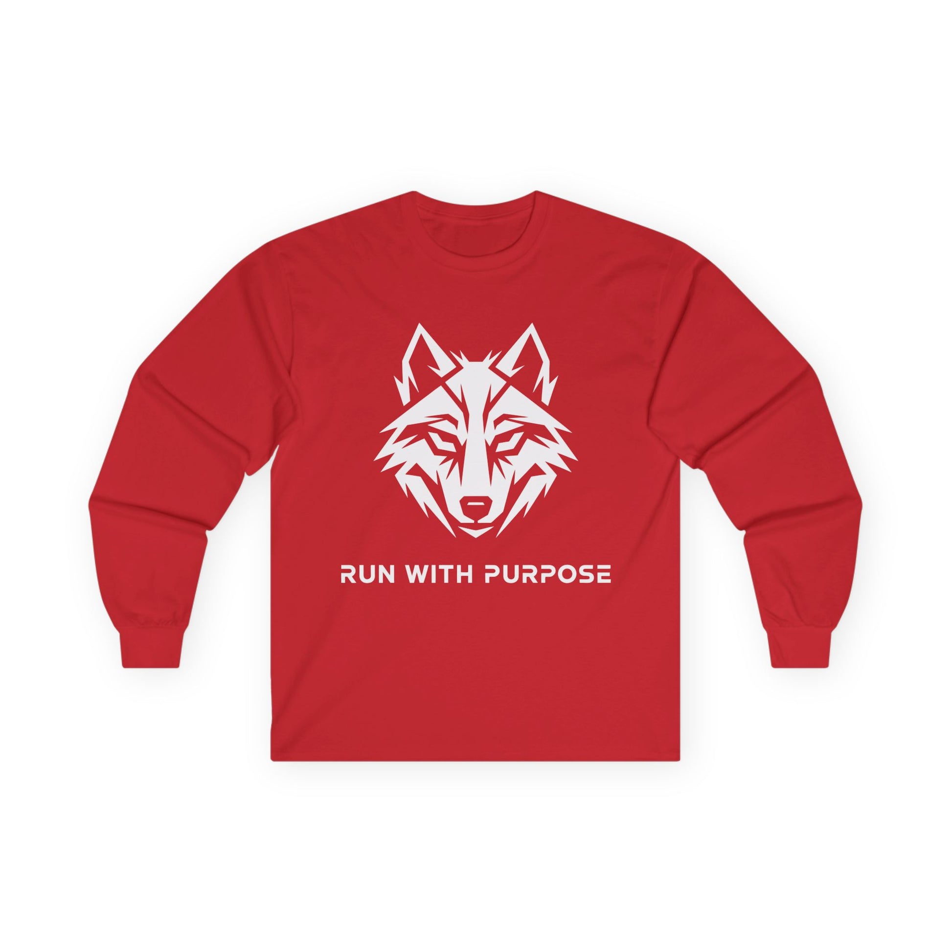 TEEZOCA run with purpose mindset wolf streetwear long-sleeve Red long-sleeve shirt with a wolf graphic and 'Run with Purpose' text on a white background