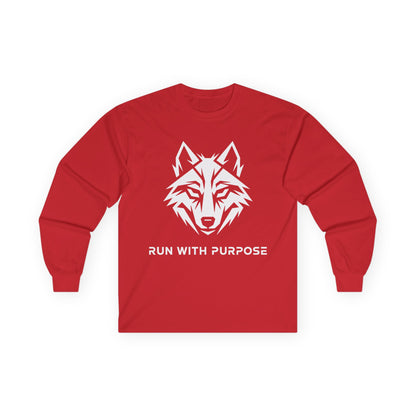 TEEZOCA run with purpose mindset wolf streetwear long-sleeve Red long-sleeve shirt with a wolf graphic and 'Run with Purpose' text on a white background