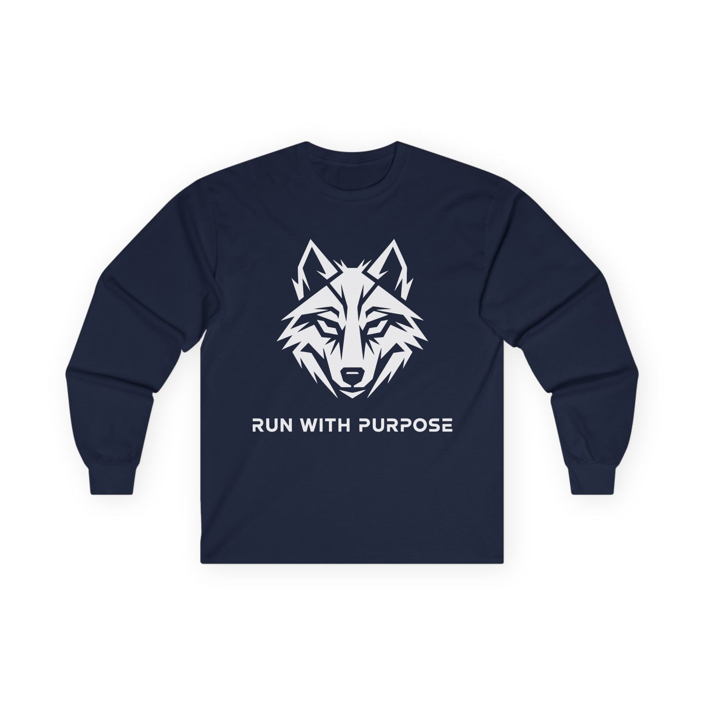 TEEZOCA run with purpose wolf unisex long-sleeve t-shirt Navy blue long-sleeve shirt with a wolf graphic and 'Run with Purpose' text on a white background