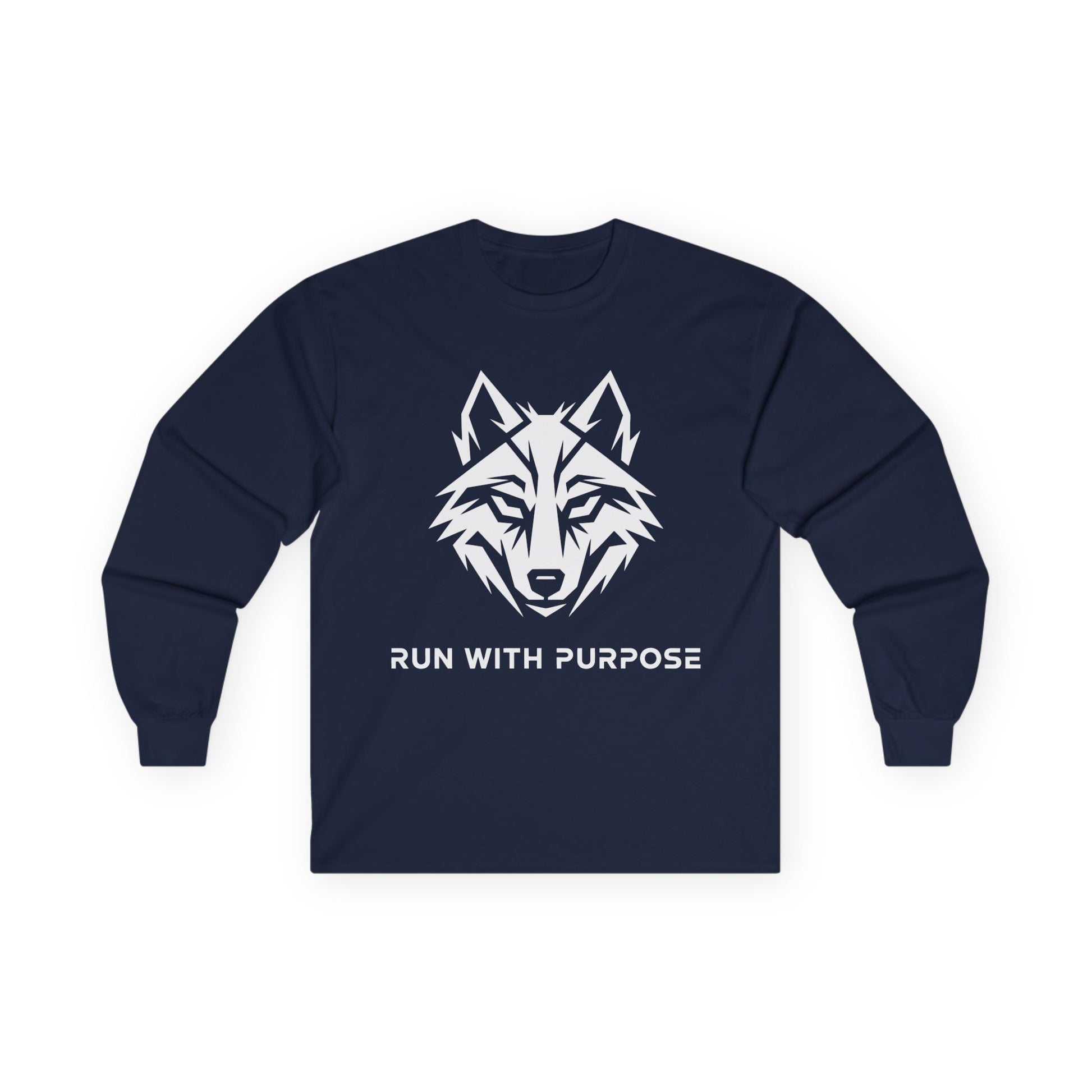 TEEZOCA run with purpose wolf unisex long-sleeve t-shirt Navy blue long-sleeve shirt with a wolf graphic and 'Run with Purpose' text on a white background