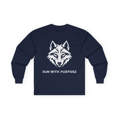TEEZOCA run with purpose wolf unisex long-sleeve t-shirt Navy blue long-sleeve shirt with a wolf graphic and 'Run with Purpose' text on a white background