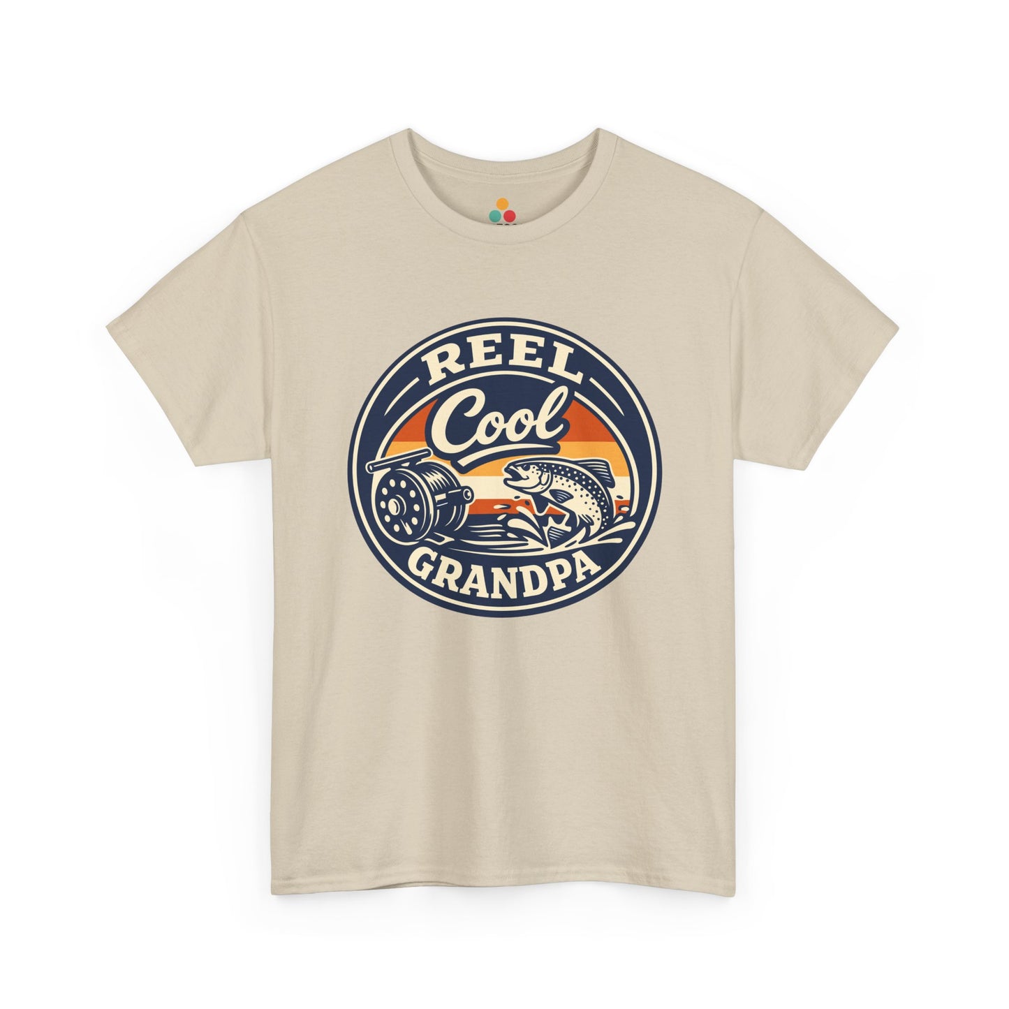 TEEZOCA sand beige 'Reel Cool Grandpa' graphic T-shirt shown flat.