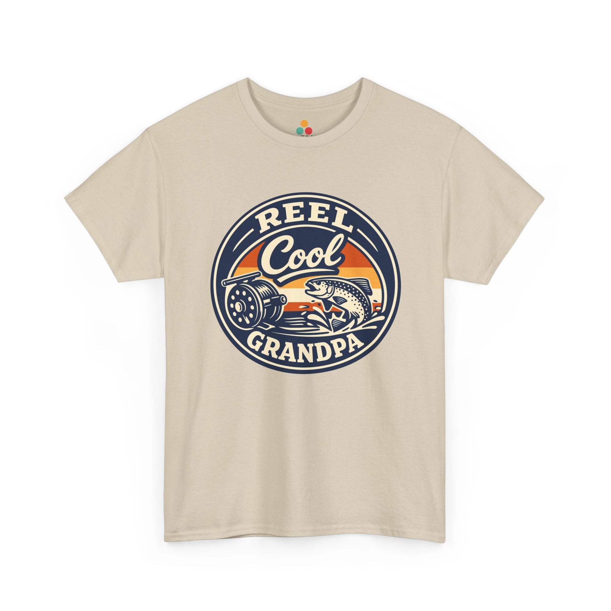 TEEZOCA sand beige 'Reel Cool Grandpa' graphic T-shirt shown flat.