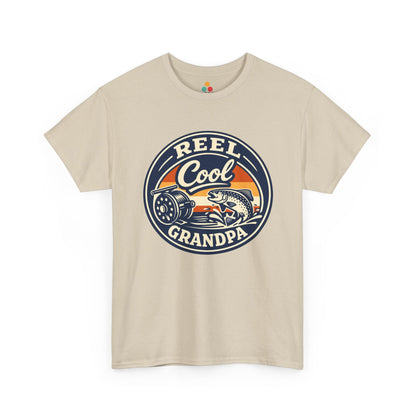 TEEZOCA sand beige 'Reel Cool Grandpa' graphic T-shirt shown flat.