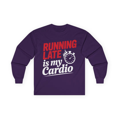 TEEZOCA sarcastic cardio humor unisex long-sleeve tee Purple long-sleeve shirt with humorous text design on a white background