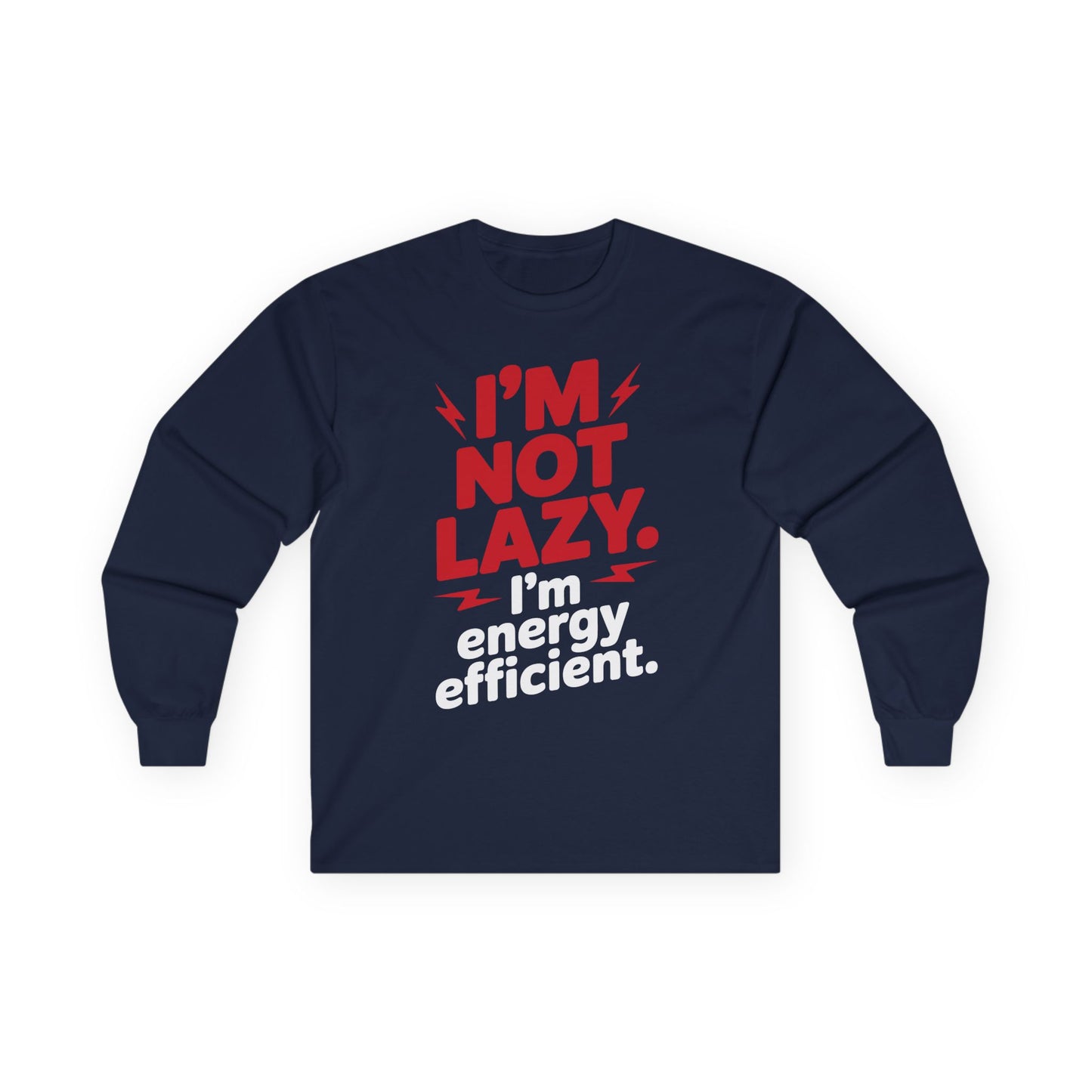 TEEZOCA sarcastic productivity quote long-sleeve t-shirt Navy blue long-sleeve shirt with red and white text on a white background