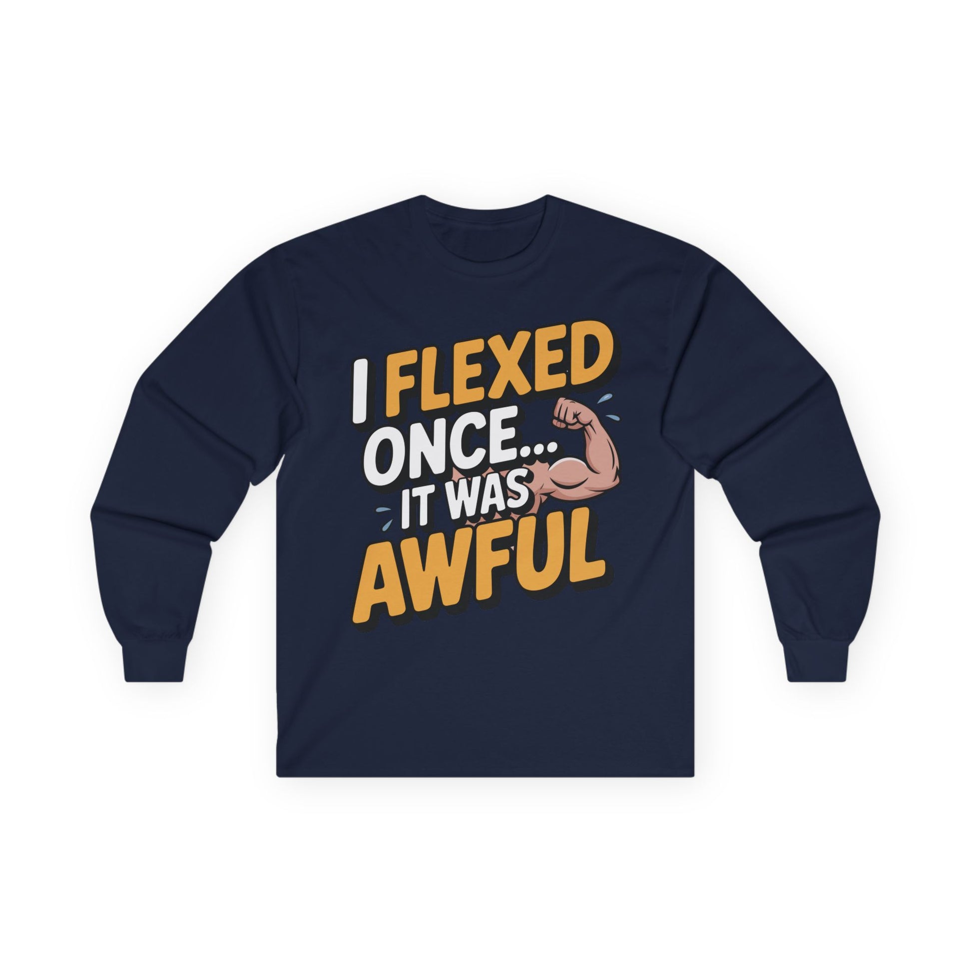 TEEZOCA sarcastic workout joke unisex long-sleeve tee Navy blue long-sleeve shirt with humorous text design on a white background