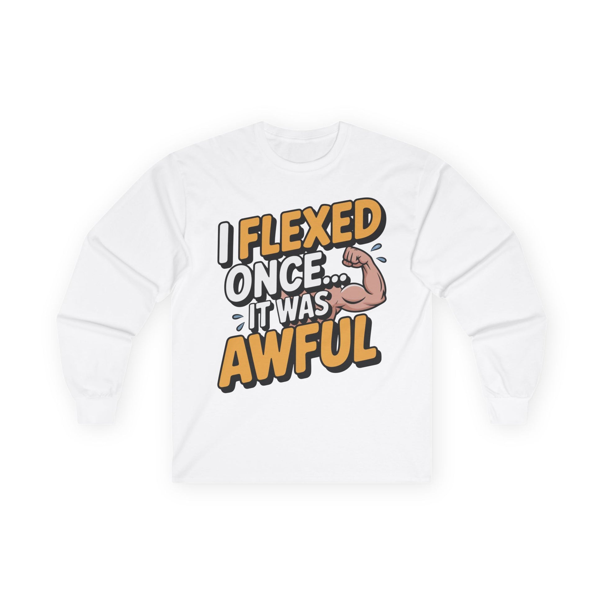 TEEZOCA sarcastic workout joke unisex long-sleeve tee White sweatshirt with humorous text design on a white background