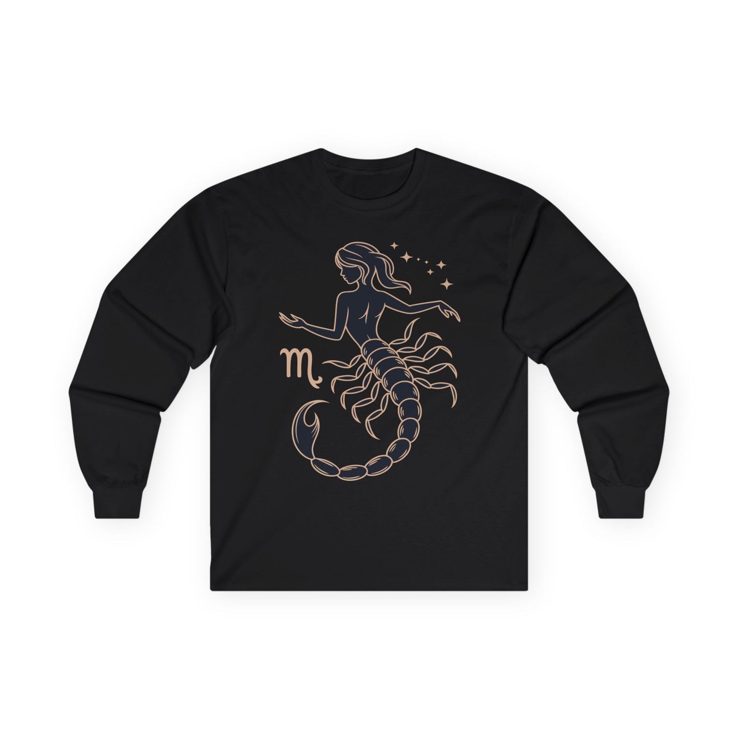 TEEZOCA scorpio feminine scorpion illustration on unisex long-sleeve t-shirt Black long-sleeve shirt with Scorpio zodiac design on a white background