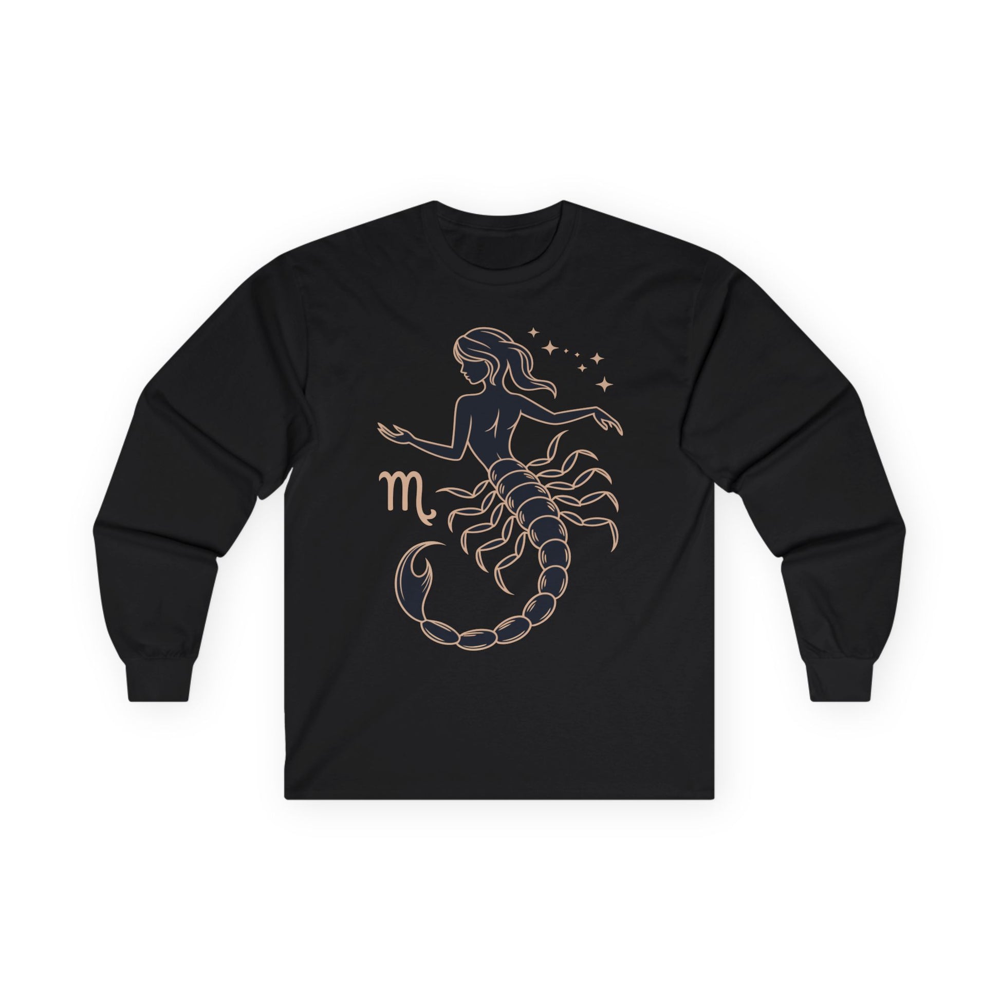 TEEZOCA scorpio feminine scorpion illustration on unisex long-sleeve t-shirt Black long-sleeve shirt with Scorpio zodiac design on a white background