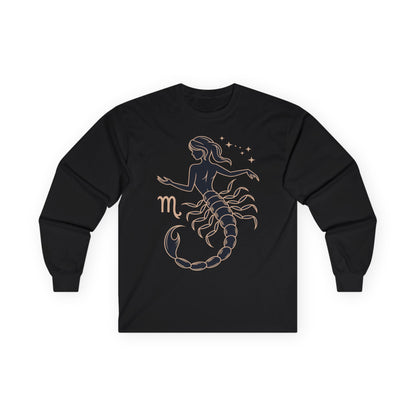 TEEZOCA scorpio feminine scorpion illustration on unisex long-sleeve t-shirt Black long-sleeve shirt with Scorpio zodiac design on a white background