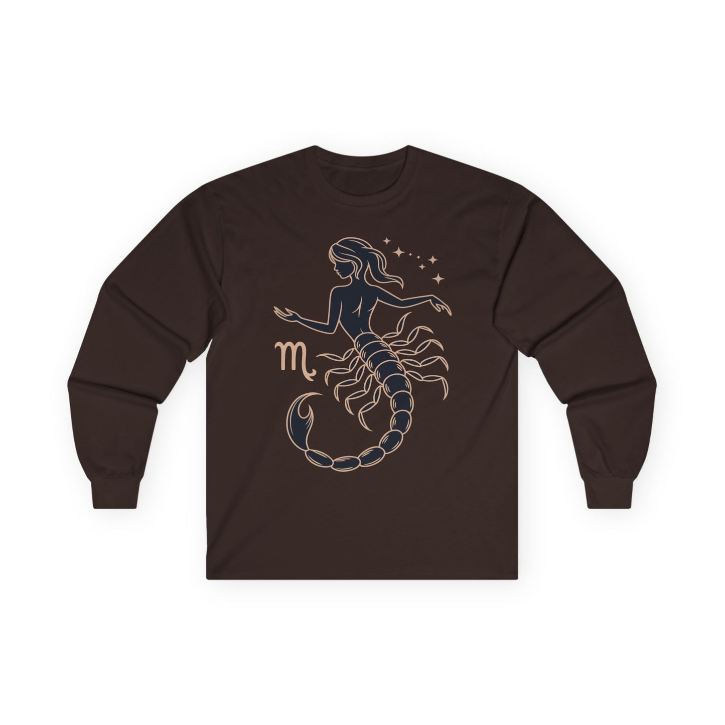 TEEZOCA scorpio muse astrology design printed on unisex long-sleeve t-shirt Brown long-sleeve shirt with Scorpio zodiac design on a white background
