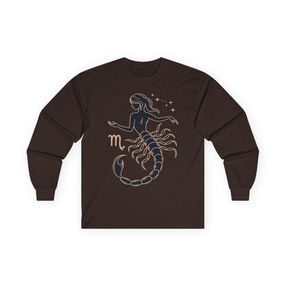 TEEZOCA scorpio muse astrology design printed on unisex long-sleeve t-shirt Brown long-sleeve shirt with Scorpio zodiac design on a white background