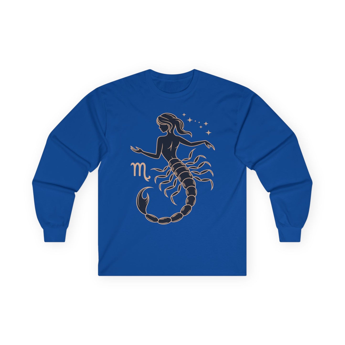 TEEZOCA scorpio zodiac muse artwork on unisex long-sleeve t-shirt Blue long-sleeve shirt with Scorpio zodiac design on a white background