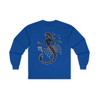 TEEZOCA scorpio zodiac muse artwork on unisex long-sleeve t-shirt Blue long-sleeve shirt with Scorpio zodiac design on a white background
