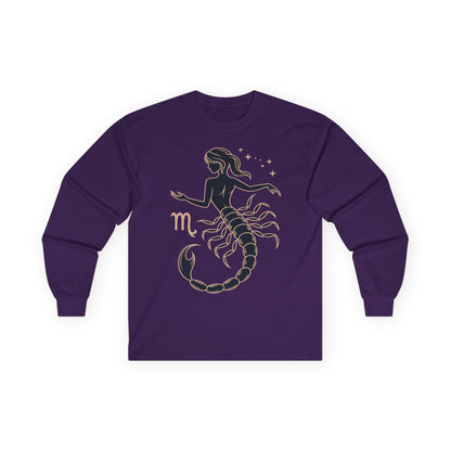 TEEZOCA scorpio zodiac muse artwork on unisex long-sleeve t-shirt Purple long-sleeve shirt with Scorpio zodiac design on a white background