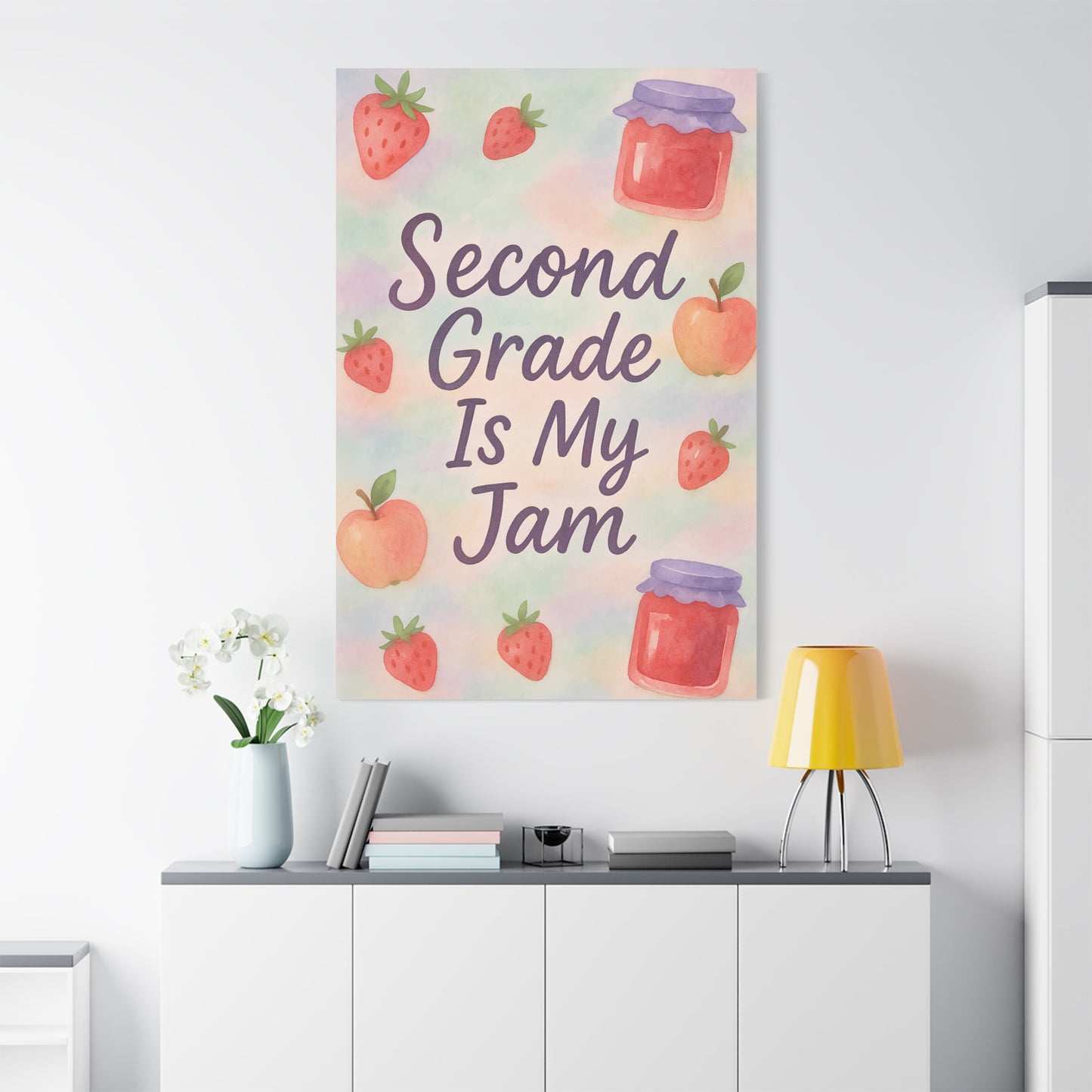 TEEZOCA sweet second grade jam canvas print featured in a bright minimalist room.