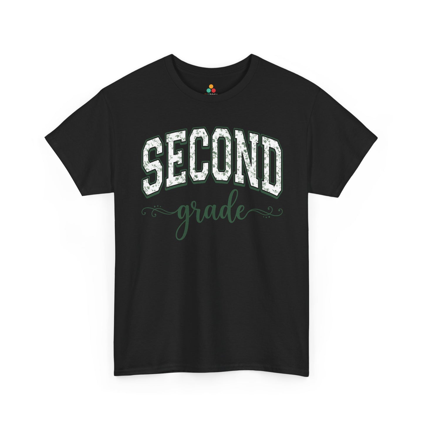 TEEZOCA second grade teacher black shirt featuring sage floral varsity lettering, a cute back to school tee for teachers.
