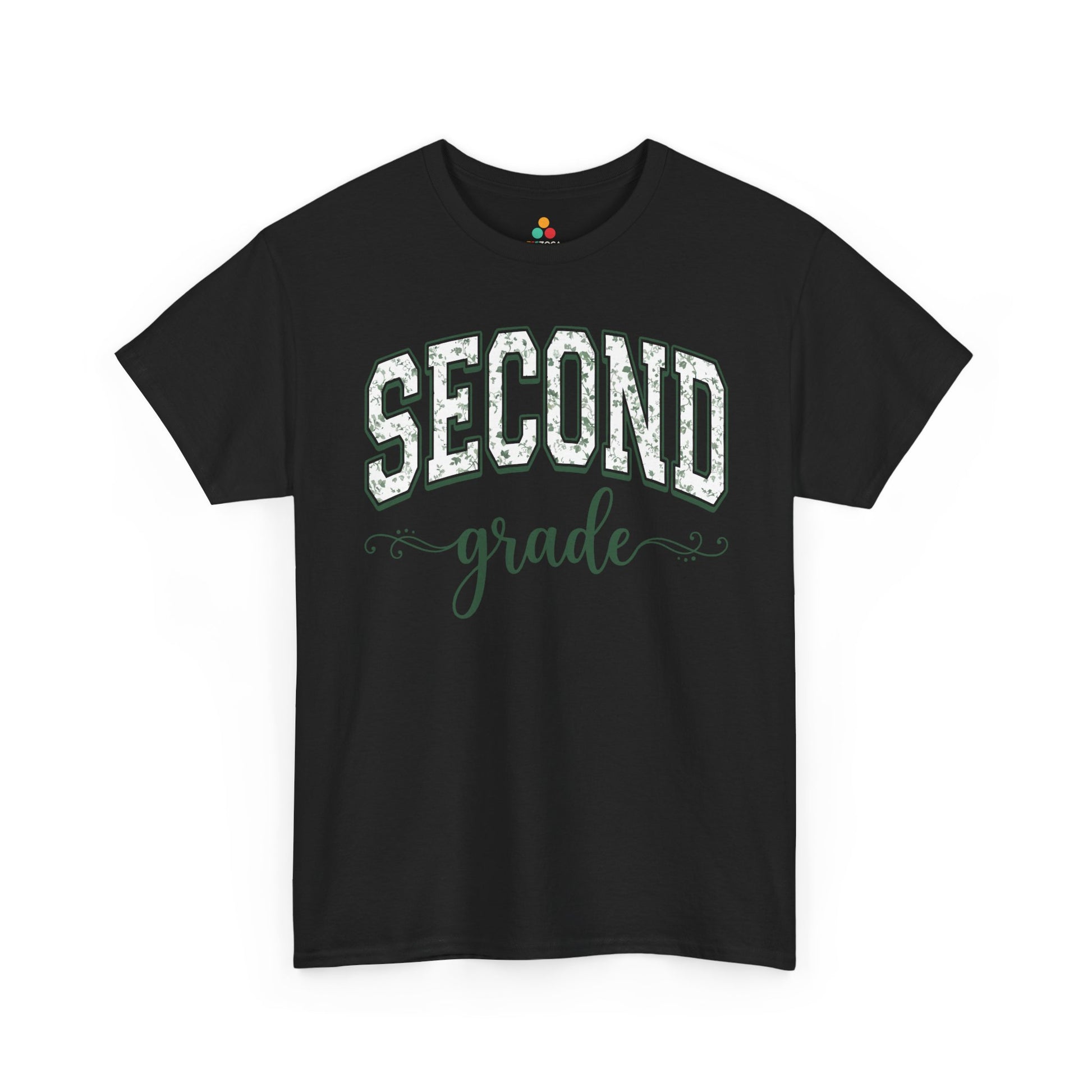 TEEZOCA second grade teacher black shirt featuring sage floral varsity lettering, a cute back to school tee for teachers.
