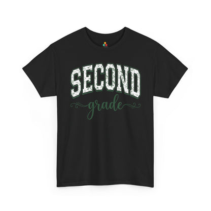 TEEZOCA second grade teacher black shirt featuring sage floral varsity lettering, a cute back to school tee for teachers.
