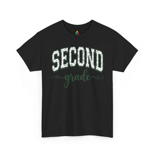 TEEZOCA second grade teacher black shirt featuring sage floral varsity lettering, a cute back to school tee for teachers.
