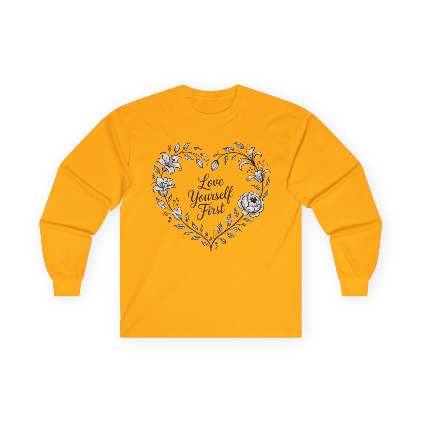 TEEZOCA self love floral heart illustration on unisex long-sleeve t-shirt Yellow long-sleeve shirt with floral heart design and 'Love Yourself First' text on a white background