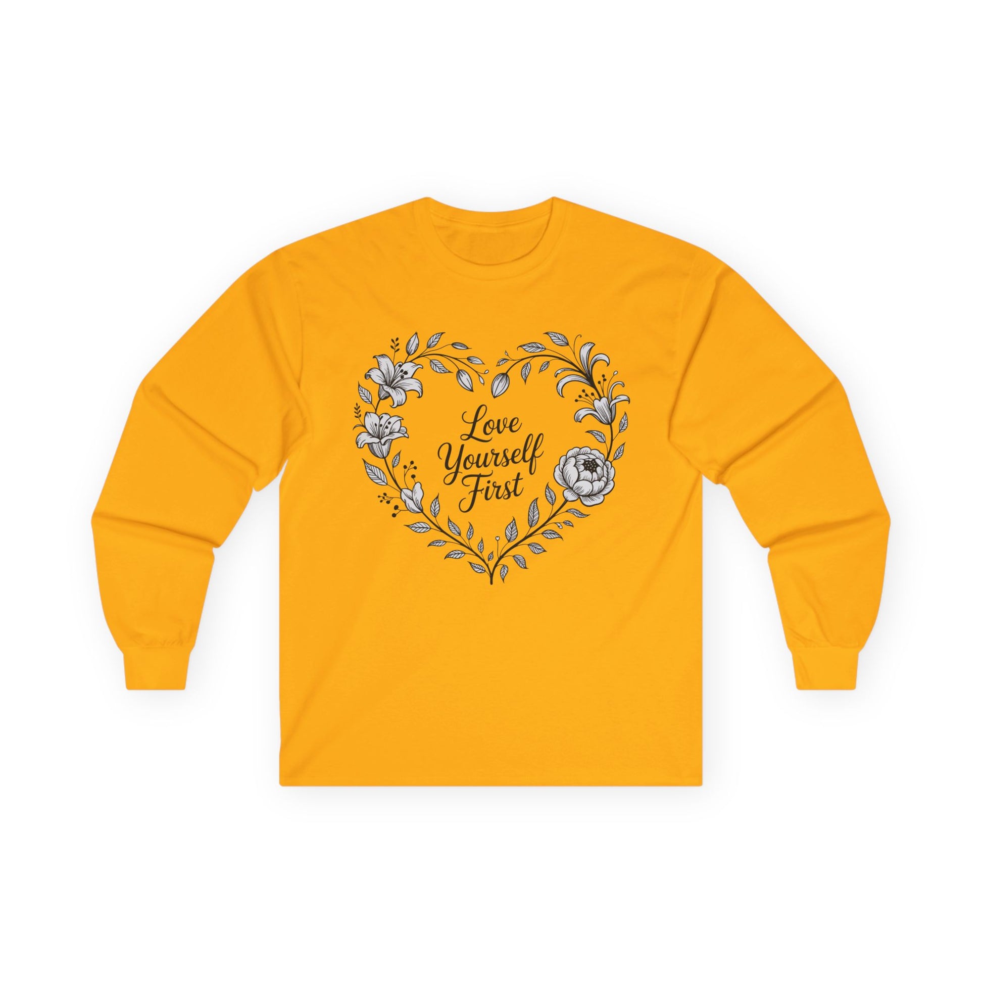 TEEZOCA self love floral heart illustration on unisex long-sleeve t-shirt Yellow long-sleeve shirt with floral heart design and 'Love Yourself First' text on a white background