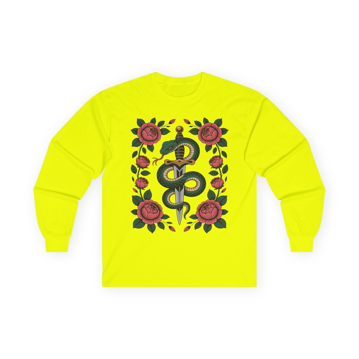 TEEZOCA serpent and roses dagger illustration on unisex long-sleeve t-shirt Yellow long-sleeve shirt with snake and rose design on a white background