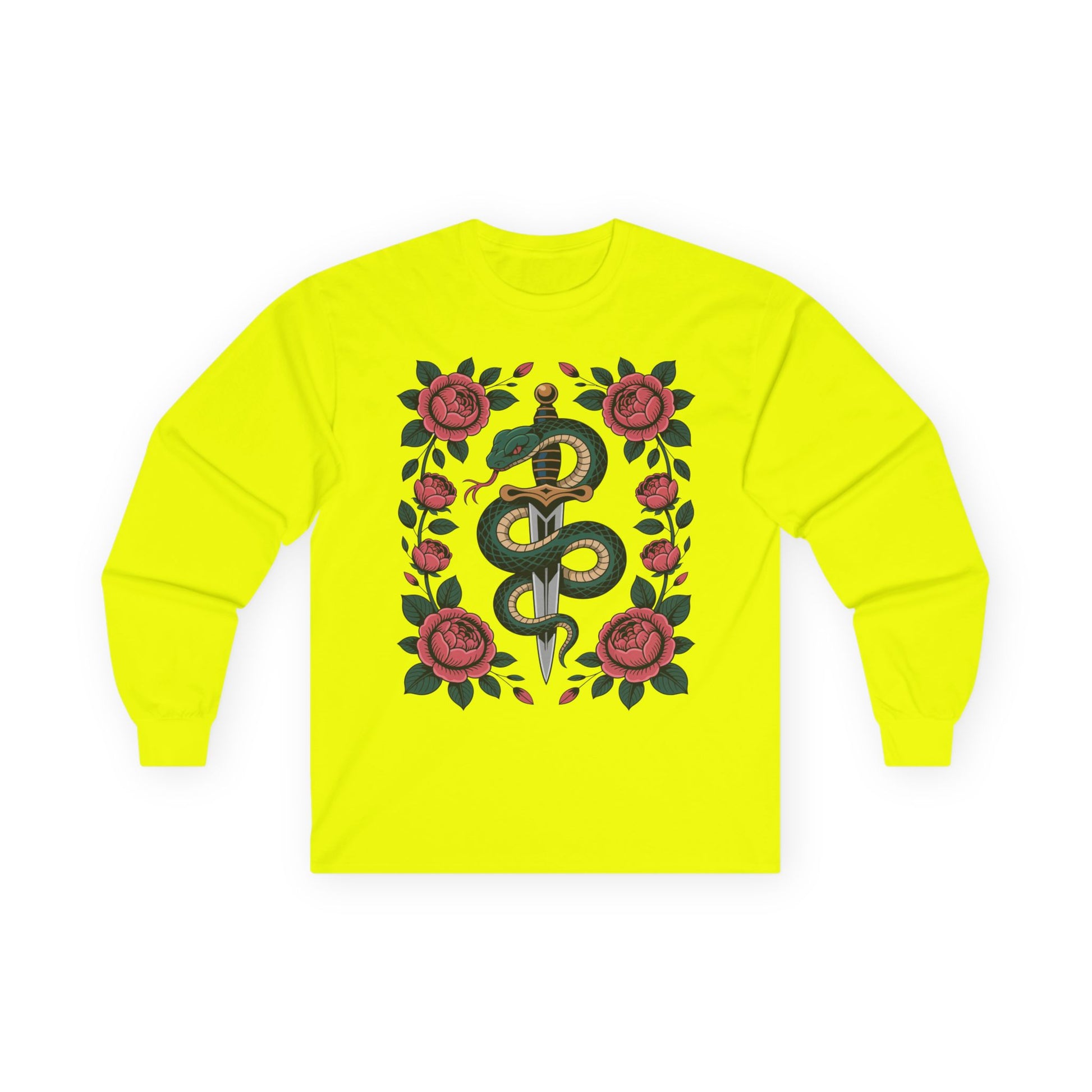 TEEZOCA serpent and roses dagger illustration on unisex long-sleeve t-shirt Yellow long-sleeve shirt with snake and rose design on a white background