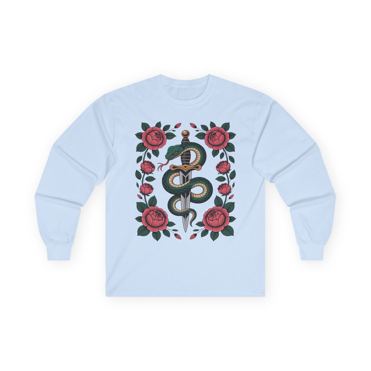 TEEZOCA serpent rose dagger artwork on unisex long-sleeve t-shirt Light blue sweatshirt with snake and rose design on a white background