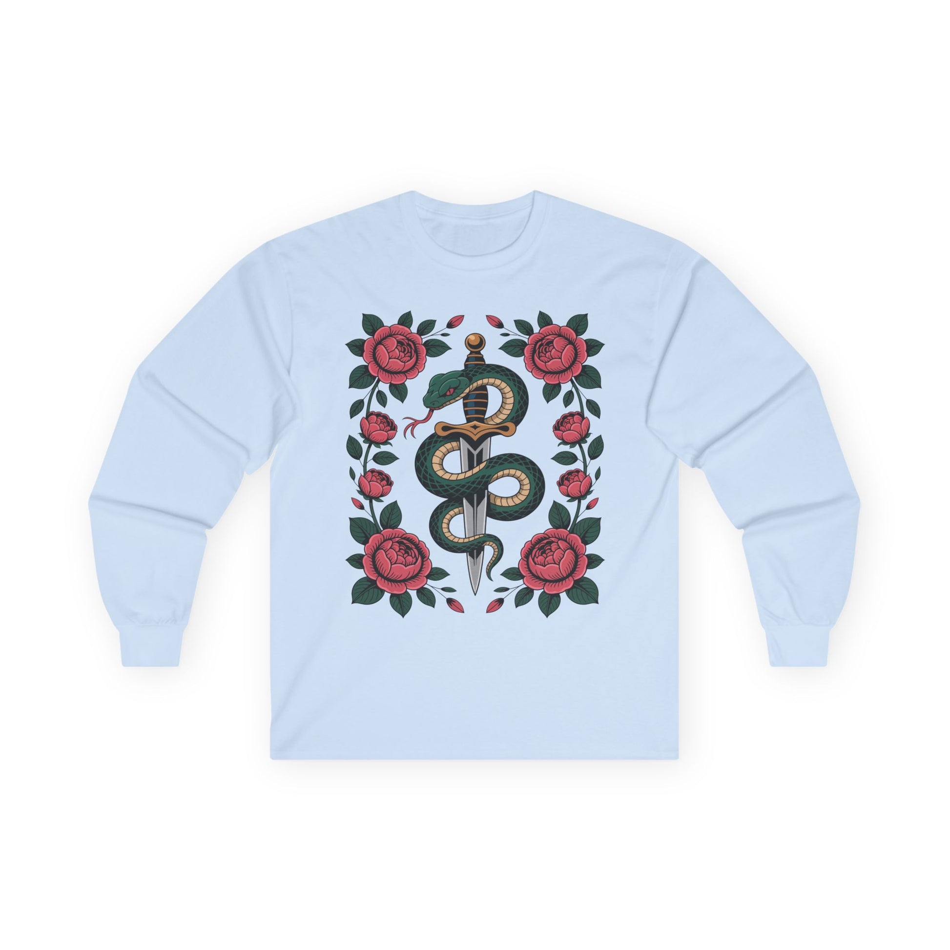 TEEZOCA serpent rose dagger artwork on unisex long-sleeve t-shirt Light blue sweatshirt with snake and rose design on a white background