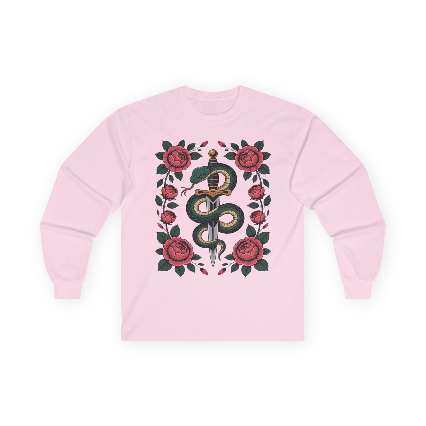 TEEZOCA serpent rose dagger artwork on unisex long-sleeve t-shirt Pink sweatshirt with snake and rose design on a white background