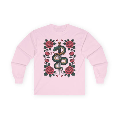 TEEZOCA serpent rose dagger artwork on unisex long-sleeve t-shirt Pink sweatshirt with snake and rose design on a white background