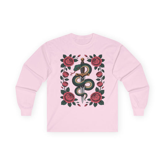 TEEZOCA serpent rose dagger artwork on unisex long-sleeve t-shirt Pink sweatshirt with snake and rose design on a white background