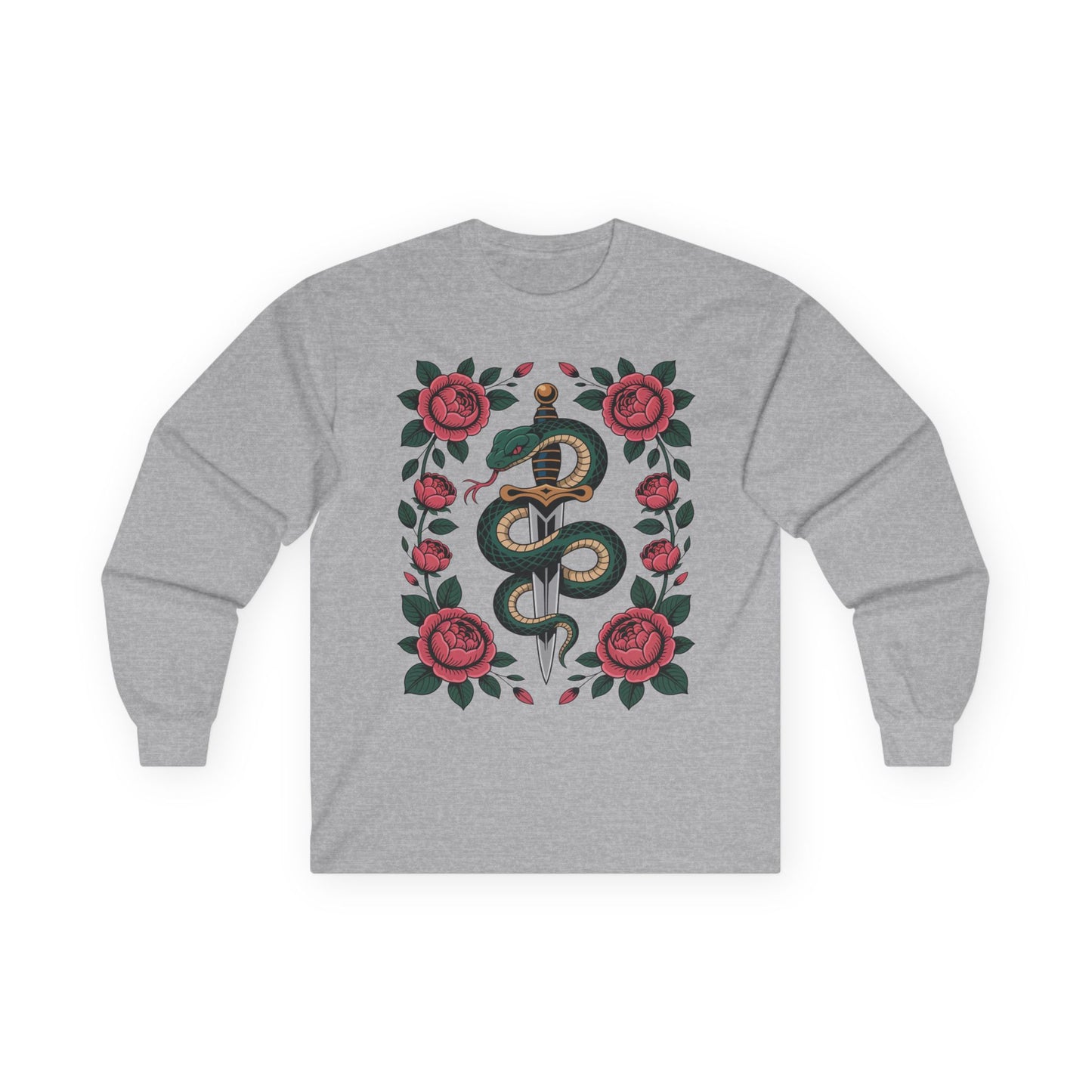 TEEZOCA serpent wrapped dagger with roses on unisex long-sleeve t-shirt Gray sweatshirt with snake and rose design on a white background