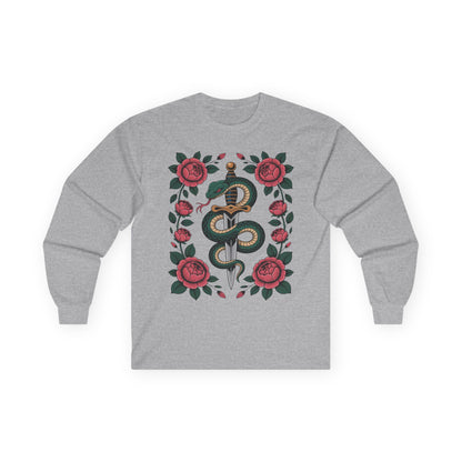 TEEZOCA serpent wrapped dagger with roses on unisex long-sleeve t-shirt Gray sweatshirt with snake and rose design on a white background