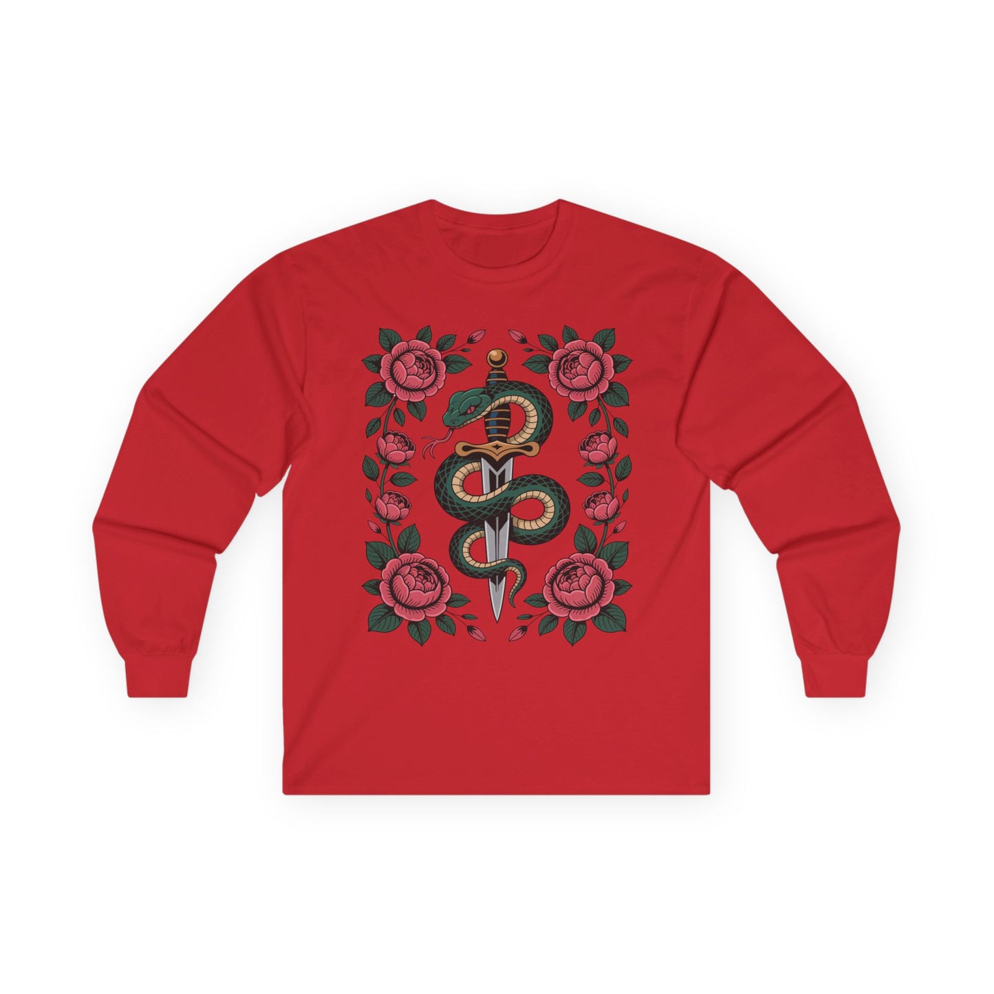 TEEZOCA serpent wrapped dagger with roses on unisex long-sleeve t-shirt Red long-sleeve shirt with snake and rose design on a white background