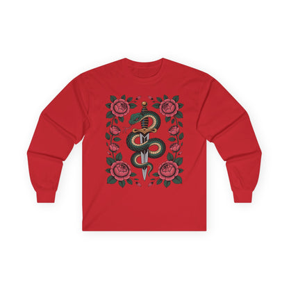 TEEZOCA serpent wrapped dagger with roses on unisex long-sleeve t-shirt Red long-sleeve shirt with snake and rose design on a white background